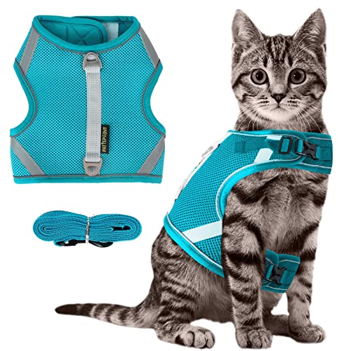 Arnes Gato Anti-Escape con Malla,Ajustable Arnés para Gato , Tiras Reflectantes de Borde Completo Que brindan protección para Gatos Que Caminan de Noche (XS, Verde)