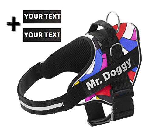 Arnés Personalizado para Perros - Estampado - Reflectante - Incluye 2 Etiquetas Personalizables con Nombre - Todos los Tamaños (Estampado, M 12,5-20KG) (XS 3-7KG, Estampado)