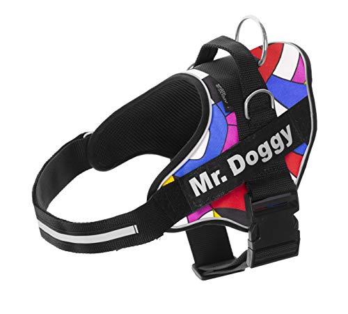 Arnés Personalizado para Perros - Estampado - Reflectante - Incluye 2 Etiquetas Personalizables con Nombre - Todos los Tamaños (Estampado, M 12,5-20KG) (XS 3-7KG, Estampado)