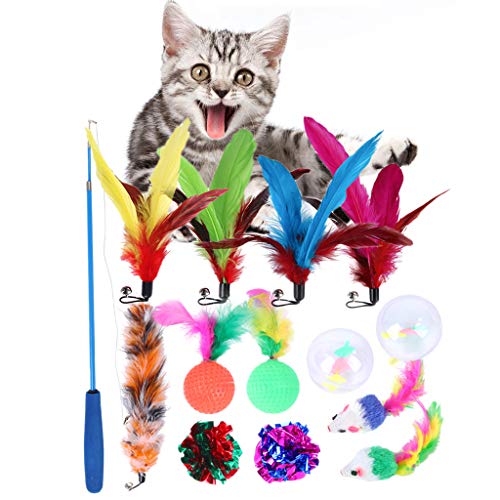ARTMINZO Juguetes para Gatos, 14 Piezas, Juego de Juguetes de Plumas de Gato de Repuesto, Juguete Interactivo para Gatitos, Varita, Juguetes de Bola