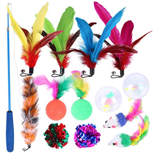 ARTMINZO Juguetes para Gatos, 14 Piezas, Juego de Juguetes de Plumas de Gato de Repuesto, Juguete Interactivo para Gatitos, Varita, Juguetes de Bola