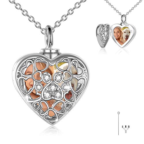 Ashes Jewellery para perro, gato, plata de ley S925, collar de urna de pata de mascota, para cenizas, corazón, foto, medallón, para mujeres, regalo conmemorativo de perro para niñas