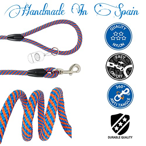 AVANZONA Correa para Perros Colores Combinados Nylon Redonda, Resistente Cómodo Antitirones, Hecha a Mano en la UE, Adiestramiento para Perros Pequeños, Medianos y Grandes. 120cm (Azul&Naranja)