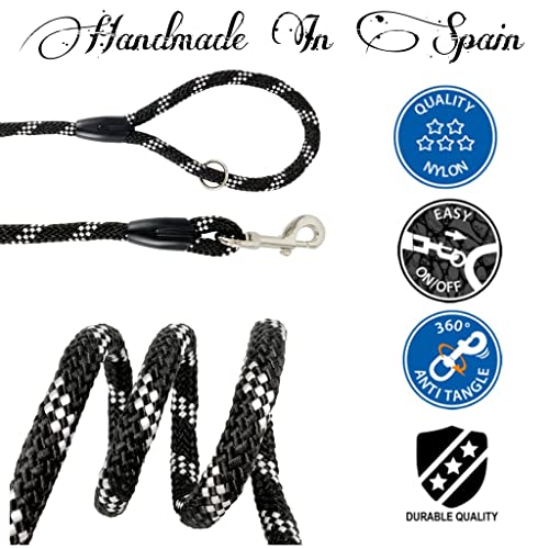 AVANZONA Correa Perro Nylon Corta Redonda de 12 mm Antitirones, Hecha a Mano en la UE, Correa de Entrenamiento para Perros Pequeños Medianos y Grandes. Size 60 cm. Negro&Blanco