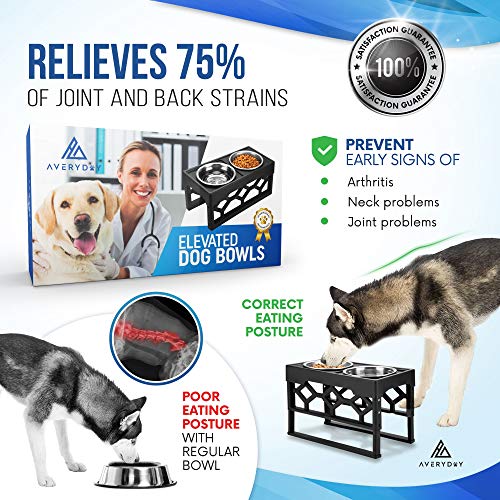 AVERYDAY - Cuencos elevados para perros elevados, 4 cuencos ajustables para perros con 4 cuencos de acero inoxidable, ideal para perros grandes y mayores (negro)