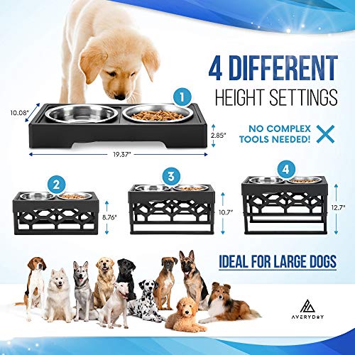 AVERYDAY - Cuencos elevados para perros elevados, 4 cuencos ajustables para perros con 4 cuencos de acero inoxidable, ideal para perros grandes y mayores (negro)