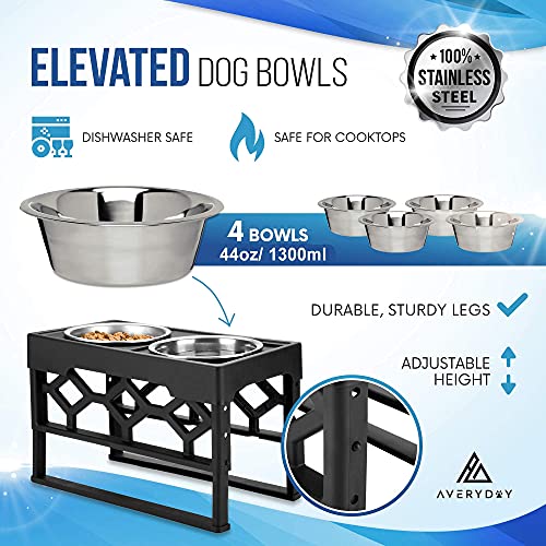 AVERYDAY - Cuencos elevados para perros elevados, 4 cuencos ajustables para perros con 4 cuencos de acero inoxidable, ideal para perros grandes y mayores (negro)