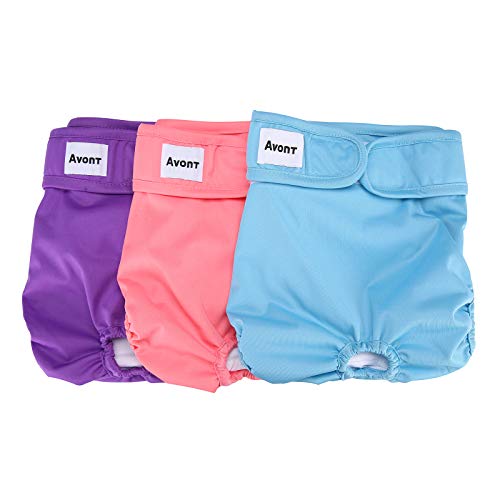 Avont 3 Packs - Pañales Lavables para Perras, Reutizables y Duraderos para Perros Hembra, Female Dog Diapers Altamente Absorbentes -L, 18"-24" Cintura, Morado/Azul/Rosa
