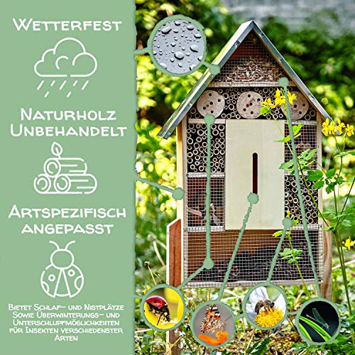 bambuswald© Hotel de Insectos 23 x 9 x 55,5 cm | Casa para Abejas Moscas escarabajos Mariposas - con Techo de Metal y Patas | Refugio y Lugar de anidación - Protección de Especies en el jardín