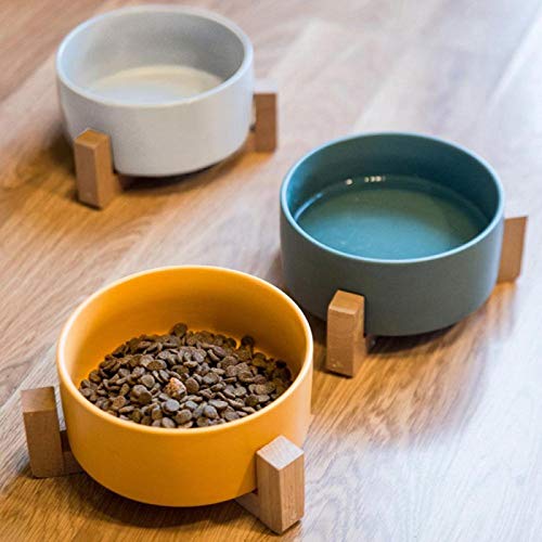 BECCYYLY Comedero más ordenado para Perros, Cuenco Elevado Elevado de cerámica para Gatos con Soporte de Madera, alimentador de Agua sin derrames para Mascotas