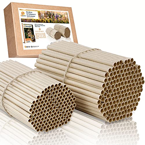 BEESI 300 tubos de cartón para hotel de insectos (15 cm de largo, diámetro de 6 y 8 mm, mezclados, incluye libro electrónico, tubos nidos y casquillos para abejas silvestres