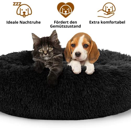 behave® Cama para perros redonda (50 cm de diámetro), diseño de donut esponjoso, lavable y antideslizante, cama calmante para perros y gatos, cojín para perros, color negro