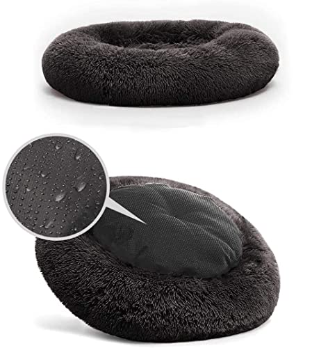 behave® Cama para perros redonda (50 cm de diámetro), diseño de donut esponjoso, lavable y antideslizante, cama calmante para perros y gatos, cojín para perros, color negro