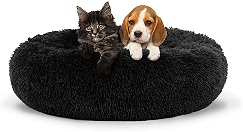 behave® Cama para perros redonda (50 cm de diámetro), diseño de donut esponjoso, lavable y antideslizante, cama calmante para perros y gatos, cojín para perros, color negro