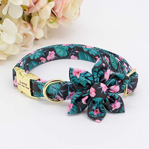 Beirui Collar de perro y plomo personalizado para perros femeninos, diseño floral grabado collares para mascotas con hebilla dorada personalizada (patrón verde, L)