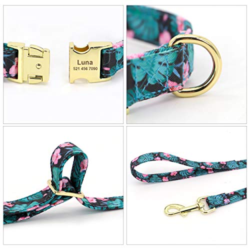 Beirui Collar de perro y plomo personalizado para perros femeninos, diseño floral grabado collares para mascotas con hebilla dorada personalizada (patrón verde, L)