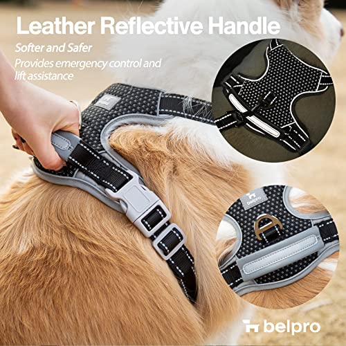 BELPRO Arnés para Perros Mediano sin Tirar, Chaleco Reflectante de Cuerpo Completo para Mascotas con Mango Acolchado de Cuero Suave, Delantero y Trasero, 2 Anillos en D de Metal Resistente, Negro, M
