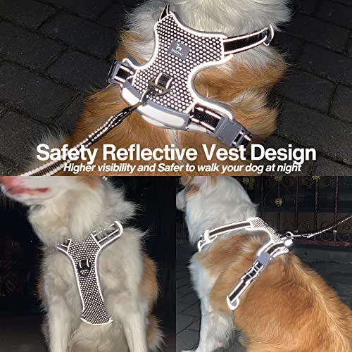 BELPRO Arnés para Perros Mediano sin Tirar, Chaleco Reflectante de Cuerpo Completo para Mascotas con Mango Acolchado de Cuero Suave, Delantero y Trasero, 2 Anillos en D de Metal Resistente, Negro, M