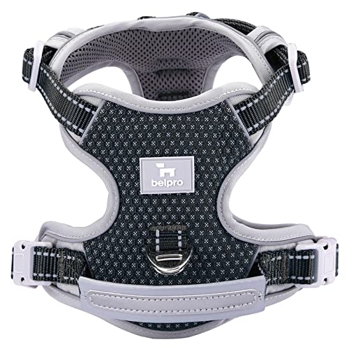 BELPRO Arnés para Perros Mediano sin Tirar, Chaleco Reflectante de Cuerpo Completo para Mascotas con Mango Acolchado de Cuero Suave, Delantero y Trasero, 2 Anillos en D de Metal Resistente, Negro, M