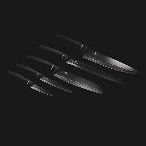 Berlinger Haus Black Rose Juego 6 Cuchillos Cocina Profesional, Hoja Acero Inoxidable Recubrimiento Antiadherente, Cocinero, Cebollero, Pan, Santoku, Pelar, Mango Ergonómico, Diseño Elegante