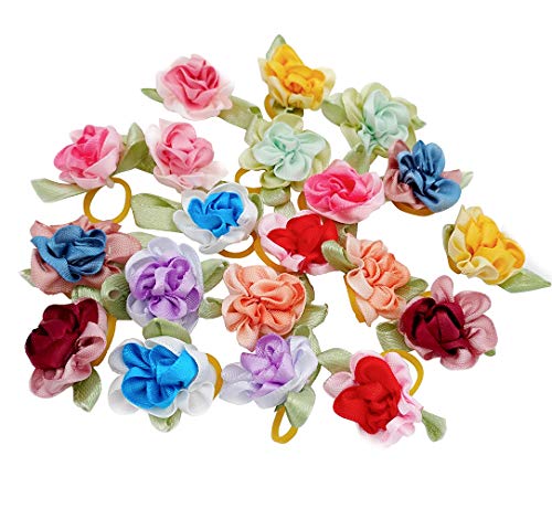 BIPY Lazos para el pelo de perro, flores con bandas de goma, accesorios de aseo para mascotas, gatos, cachorros, varios colores, paquete de 20