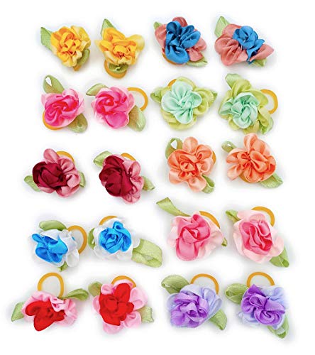 BIPY Lazos para el pelo de perro, flores con bandas de goma, accesorios de aseo para mascotas, gatos, cachorros, varios colores, paquete de 20