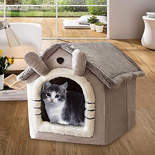 BMTLFG Caseta para perros, cama suave para mascotas, pequeña tienda para gatos, interior cerrada, cálida felpa, cesta con cojín extraíble, suministros para animales domésticos (M)