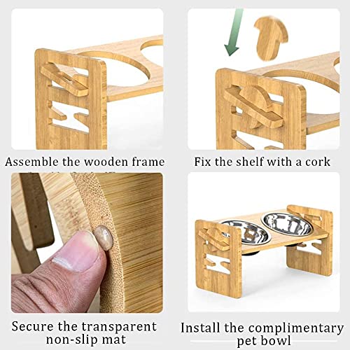BOBOA Cuencos elevados para perros, estante elevado, alimentador de bambú de altura ajustable para mascotas con 2 cuencos de acero inoxidable, 8 alfombrillas antideslizantes para perros y gatos