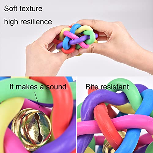 Bola de goma colorida con campana, 2.2 a 3.75 pulgadas, para mascotas, perros, gatos, bolas de juguete trenzadas de goma con nudo con campana, juguetes masticables para limpieza de dientes