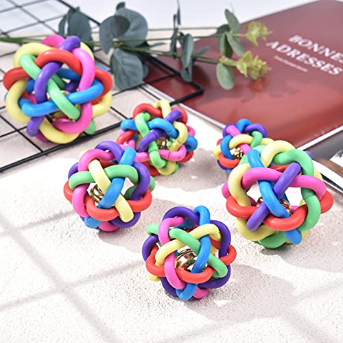 Bola de goma colorida con campana, 2.2 a 3.75 pulgadas, para mascotas, perros, gatos, bolas de juguete trenzadas de goma con nudo con campana, juguetes masticables para limpieza de dientes