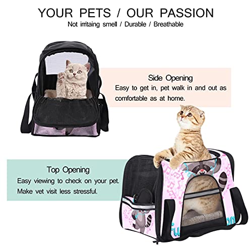Bolsa de viaje para mascotas, bolsa portátil para mascotas, tela plegable, bolsa de viaje para perros o gatos, jaula para mascotas con cremalleras de seguridad, divertido mapache escuchando música