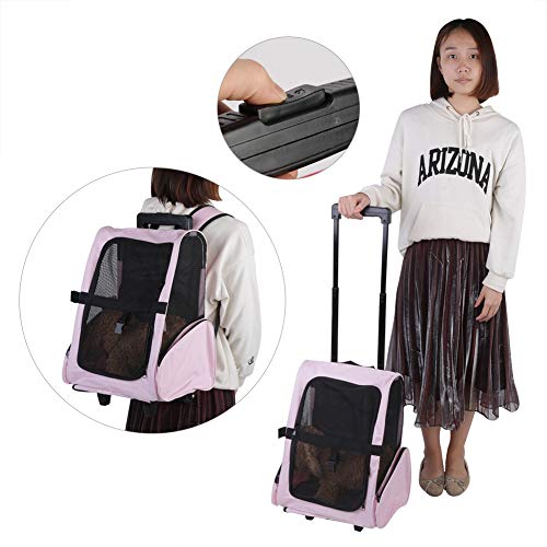 Bolsa de Viaje para Mascotas Portátil, Bolsa de Transporte para Mascotas con Ruedas Mochilas para Mascotas con Ruedas Dobles y Diseño de Tela de Malla para Viajes En Avión Mascotas Puppy(Pink)