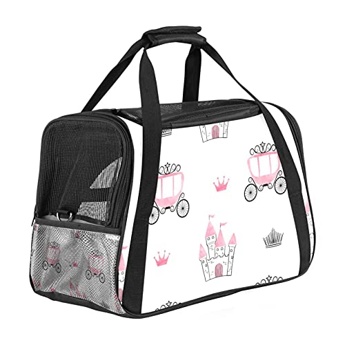 Bolsa de viaje portátil para mascotas, bolsas de lona aprobadas por aerolíneas para gato y conejo, con castillos dibujados de cara suave, impresión de corona rosa