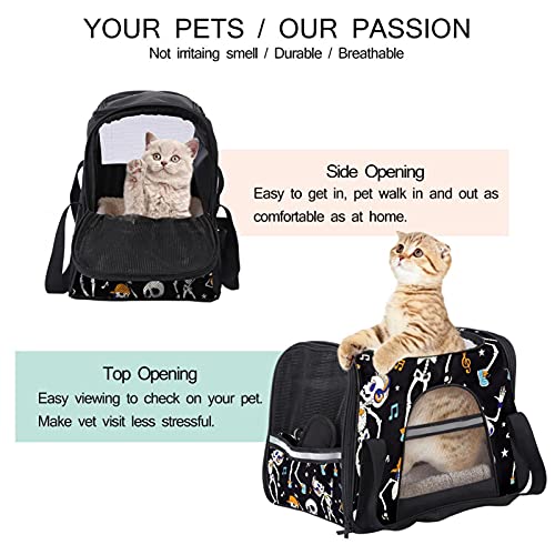 Bolsa de viaje portátil para perros y gatos, bolsa de viaje para mascotas transpirable con esqueleto de música para escuchar Halloween para animales pequeños