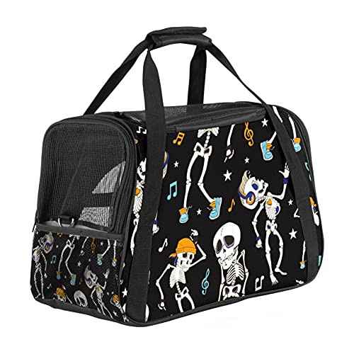 Bolsa de viaje portátil para perros y gatos, bolsa de viaje para mascotas transpirable con esqueleto de música para escuchar Halloween para animales pequeños