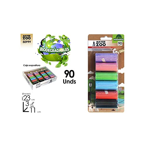 Bolsas recoge excrementos biodegradables en surtido de colores y dispensador con clip hueso. Bolsas desechos perros. (90). Ref.50999