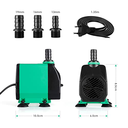 Bomba Sumergible 3000L/H 60W Bomba de Agua Bomba de Acuario Estanque Fuente, con 4 ventosas, 3 boquillas - 13/16/19 mm, cable de 1,35 m (verde)
