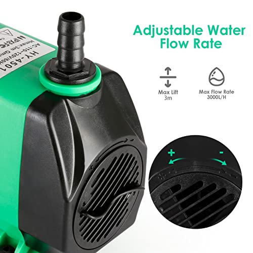Bomba Sumergible 3000L/H 60W Bomba de Agua Bomba de Acuario Estanque Fuente, con 4 ventosas, 3 boquillas - 13/16/19 mm, cable de 1,35 m (verde)