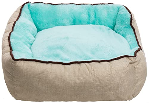 Brandsseller Cama para mascotas, aprox. 55 x 60 x 15 cm, con cojín, cama para perros y gatos, diseño de piel de color beige y turquesa