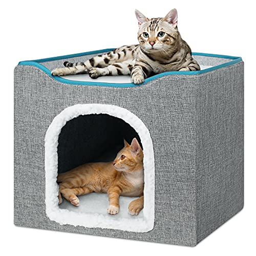 BRIAN & DANY Casa para Gatos Plegable y Lavable a Máquina, Cubo de Gato con Rascador para Gatos y Bola Mullida, 42 x 42 x 35,5 cm, Gris