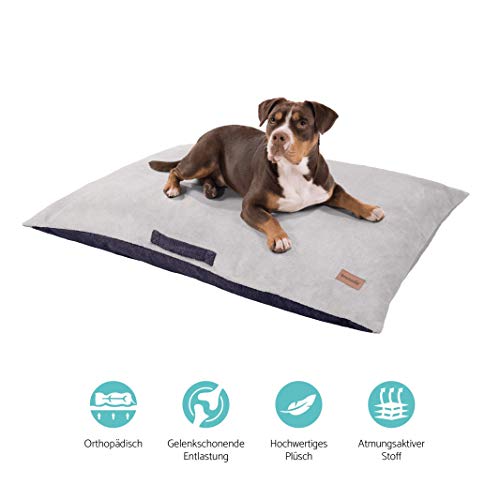 brunolie Henry Cojín para Perros Grande con asa en Color Gris, Lavable, ortopédico y Antideslizante, Cama para Perros con Espuma de Memoria, tamaño XL 120 x 85 cm