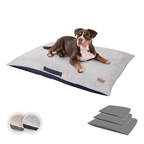 brunolie Henry Cojín para Perros Grande con asa en Color Gris, Lavable, ortopédico y Antideslizante, Cama para Perros con Espuma de Memoria, tamaño XL 120 x 85 cm