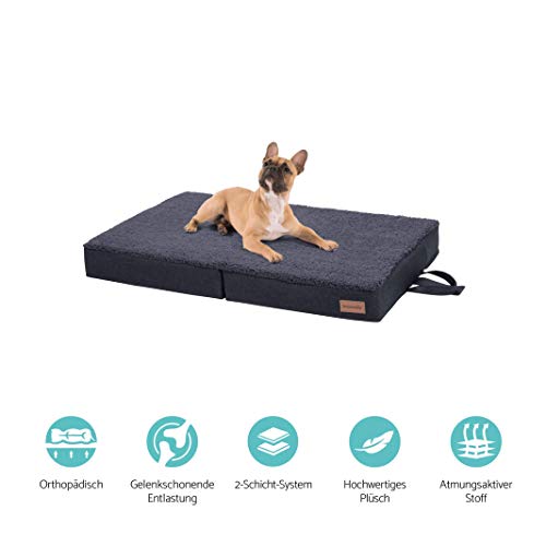 brunolie Paco Cama para Perros Plegable Gris, Lavable, ortopédico y Antideslizante, Cama para Perros con Espuma de Memoria Transpirable, Tamaño M 80 x 55 cm