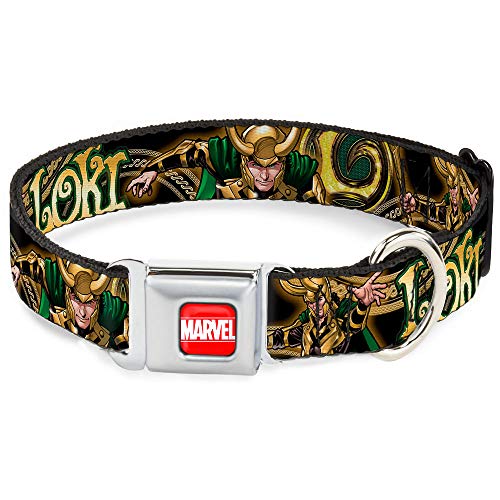 Buckle Down 9 – 15 "Marvel Loki Plantea Negro/Oro/Verde Collar de Perro