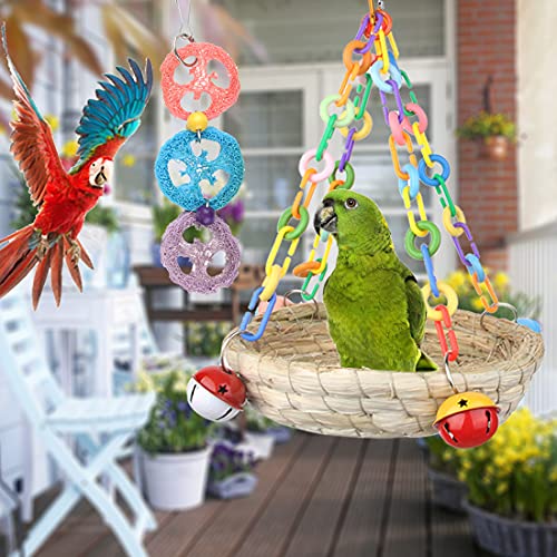 BundleMall Colorido tejido de paja nidos de pájaros hechos a mano hierba colgante loro casa grande pájaro acogedor descanso hamaca pájaro masticar juguetes perico jaula accesorios (Set-A)