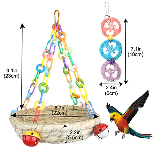BundleMall Colorido tejido de paja nidos de pájaros hechos a mano hierba colgante loro casa grande pájaro acogedor descanso hamaca pájaro masticar juguetes perico jaula accesorios (Set-A)