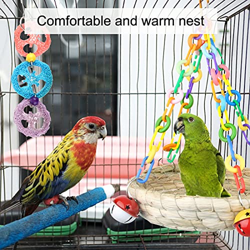 BundleMall Colorido tejido de paja nidos de pájaros hechos a mano hierba colgante loro casa grande pájaro acogedor descanso hamaca pájaro masticar juguetes perico jaula accesorios (Set-A)