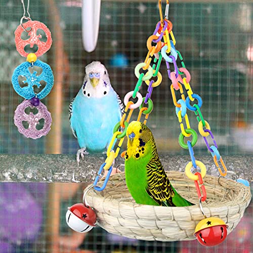 BundleMall Colorido tejido de paja nidos de pájaros hechos a mano hierba colgante loro casa grande pájaro acogedor descanso hamaca pájaro masticar juguetes perico jaula accesorios (Set-A)