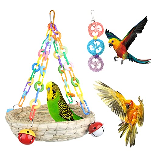 BundleMall Colorido tejido de paja nidos de pájaros hechos a mano hierba colgante loro casa grande pájaro acogedor descanso hamaca pájaro masticar juguetes perico jaula accesorios (Set-A)