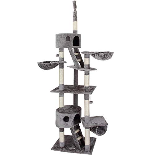 Cadoca Arbol Rascador para Gatos XL 2,4m Gris Juguete para Felinos con Plataformas Cuevas Nidos Tubo
